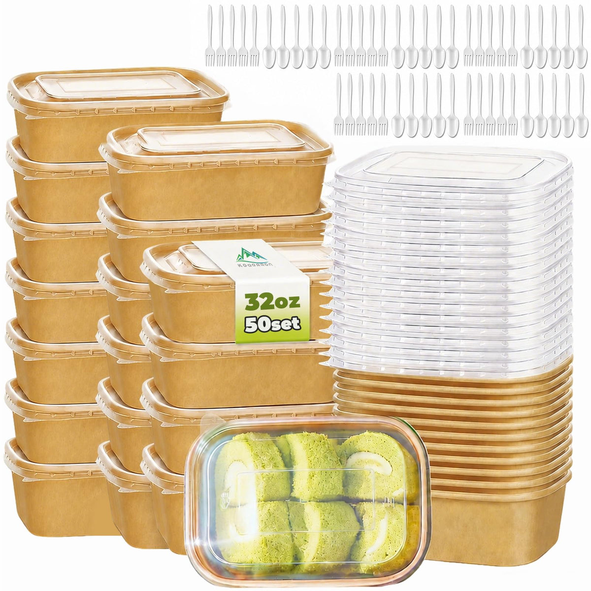 Kaderron 50 Pack 32 OZ Large Paper Bowls with Lids【with Spoons and Forks】, Heavy Duty Disposable Meal Prep Containers for Party, Disposable Bowls Bulk Soak-Proof and Microwave Safe for Hot/Cold Use