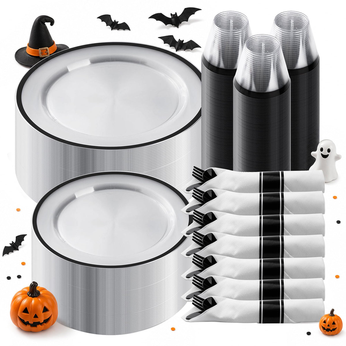 BESTSTAR 350 PCS Clear and Black Disposable Plastic Plate Set for 50 Guests | 100 Plastic Plates, 50 Plastic Cups, 50 Pre-Rolled Napkins with Cutlery for Halloween, Graduation Party, Birthday