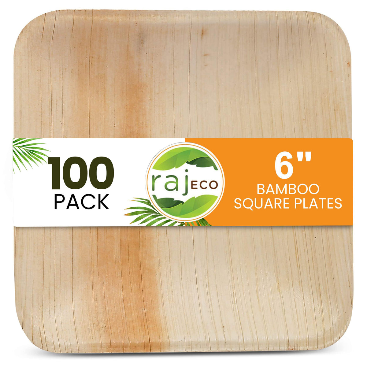 Raj Bamboo Disposable Heavy Duty 6" Square Plates 100 Pack | Strong Bamboo plates for weddings, parties, BBQs, picnics, camping, Home use, lunch & dinner.