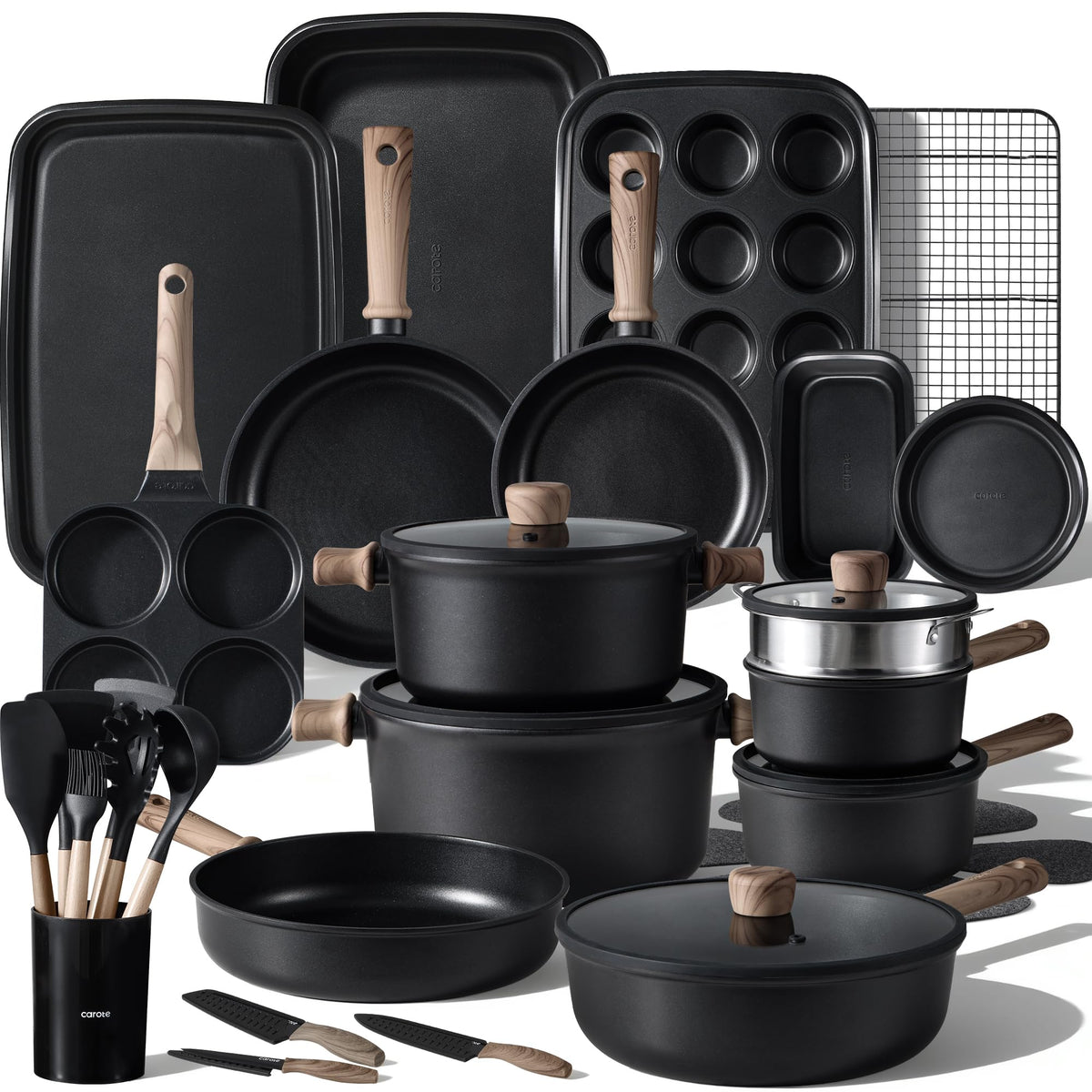 CAROTE 44pcs Pots and Pans, Nonstick Cookware Set with Bakeware