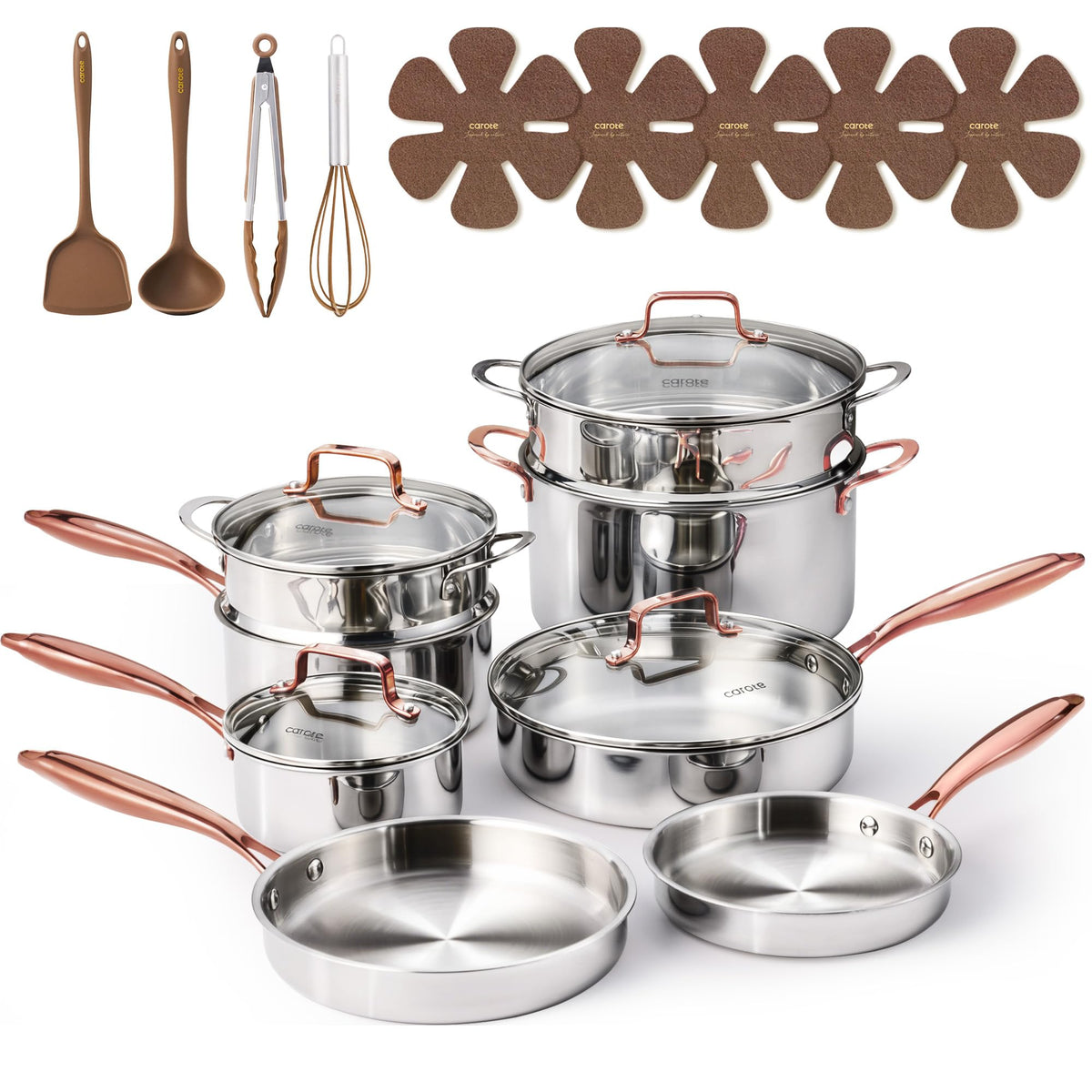CAROTE 21 PCS Tri-Ply Stainless Steel Cookware Set Pots and Pans Set, Gold