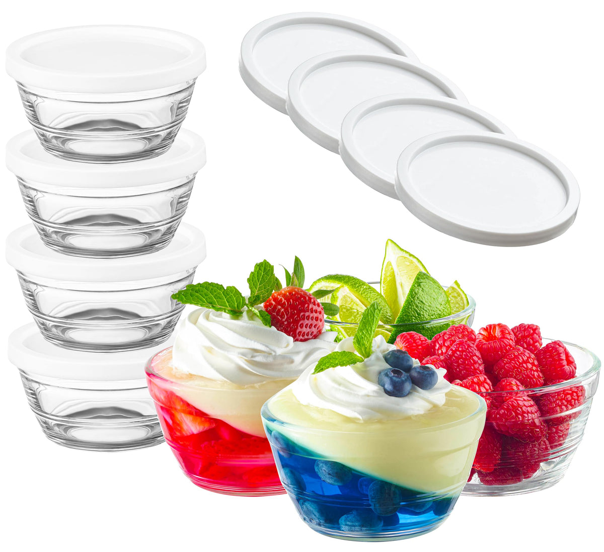 Le’raze 16pc Set of Small Glass Prep Bowls with Airtight Lids, Custard Cups | 8oz, Stackable, Durable, Dishwasher Safe, Freezer Safe, 100% Food Grade, Lead and BPA Free, Secure Packaging, Eco-Friendly