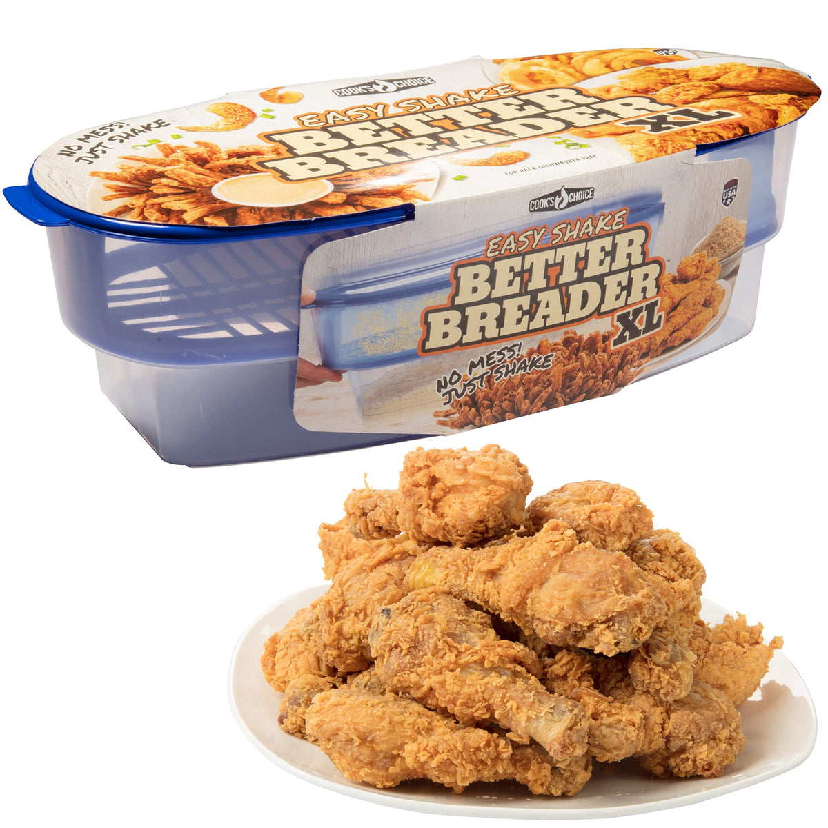 COOK'S CHOICE XL Original Better Breader Bowl 16" Mess-Free Breading Tray | Shake & Coat Batter Bowl w Lid for Chicken, Fish, & Vegetables, Great for Fish Fry, Tenders, Wings-Easy Cleanup & Made in USA