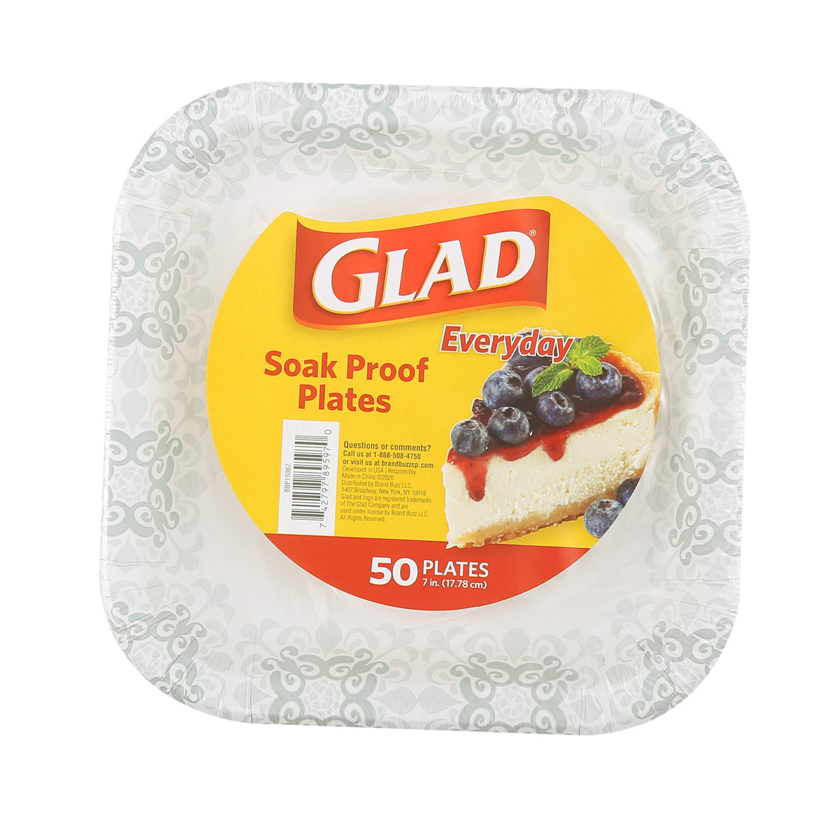 Glad Square Disposable Paper Plates, Grey Victorian, 7 Inch, 50 Count | Heavy-duty paper, soak-proof and cut-proof, microwaveable, parties and everyday meals
