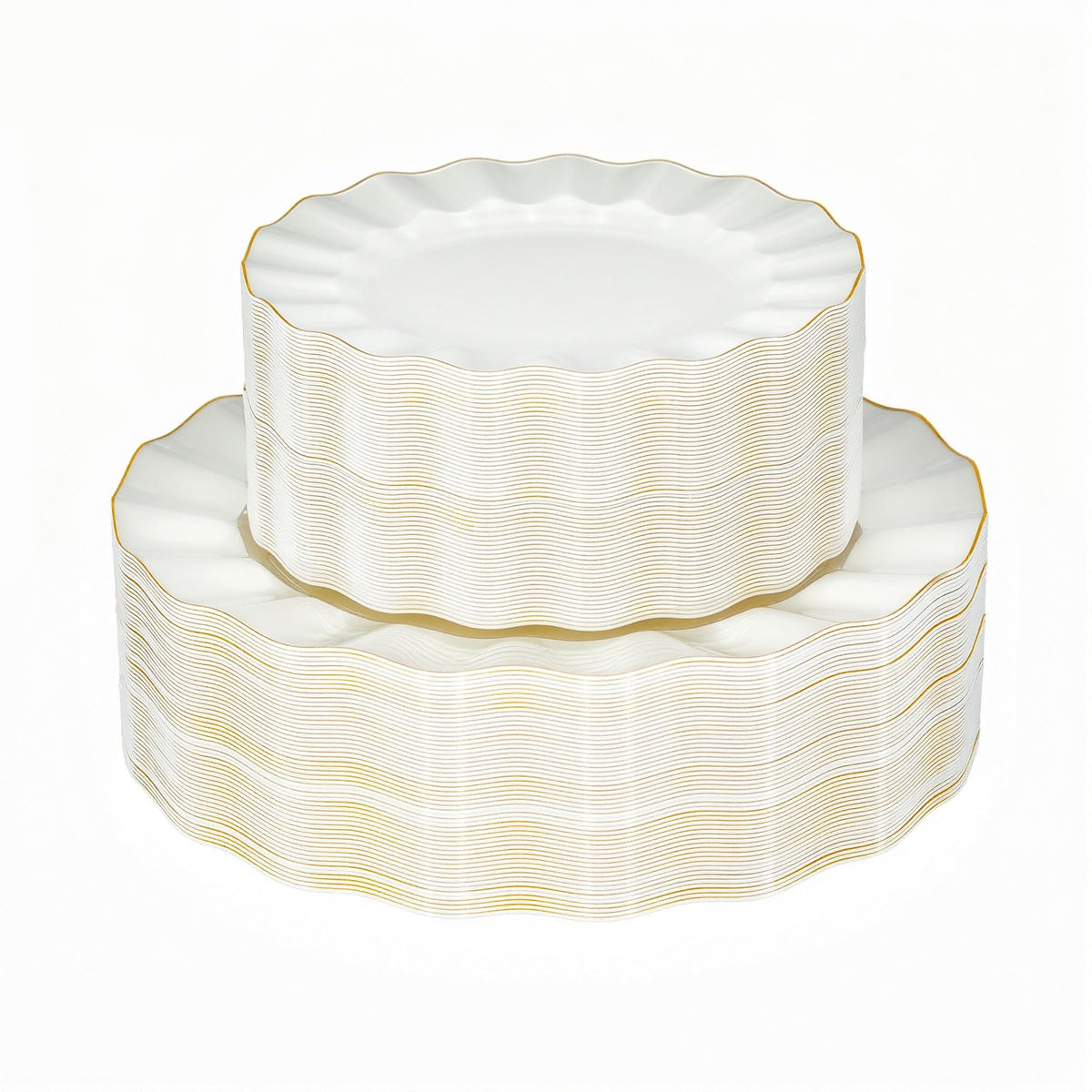 QualQuot 120PCS Ivory White Plastic Plates, Wavy Plates with Gold Rim | Heavy Duty Disposable Party Plates, Fancy 60 Dinner & 60 Dessert Plates for Party and Wedding