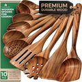 Wooden Spoons for Cooking – 10 Pcs Non Toxic Teak Kitchen Utensils Set | Includes spatula, turner, ladle, skimmer, pasta server & salad fork; heat resistant, nonstick safe, easy to clean