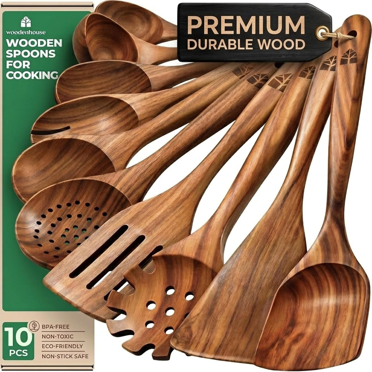 Wooden Spoons for Cooking – 10 Pcs Non Toxic Teak Kitchen Utensils Set | Includes spatula, turner, ladle, skimmer, pasta server & salad fork; heat resistant, nonstick safe, easy to clean