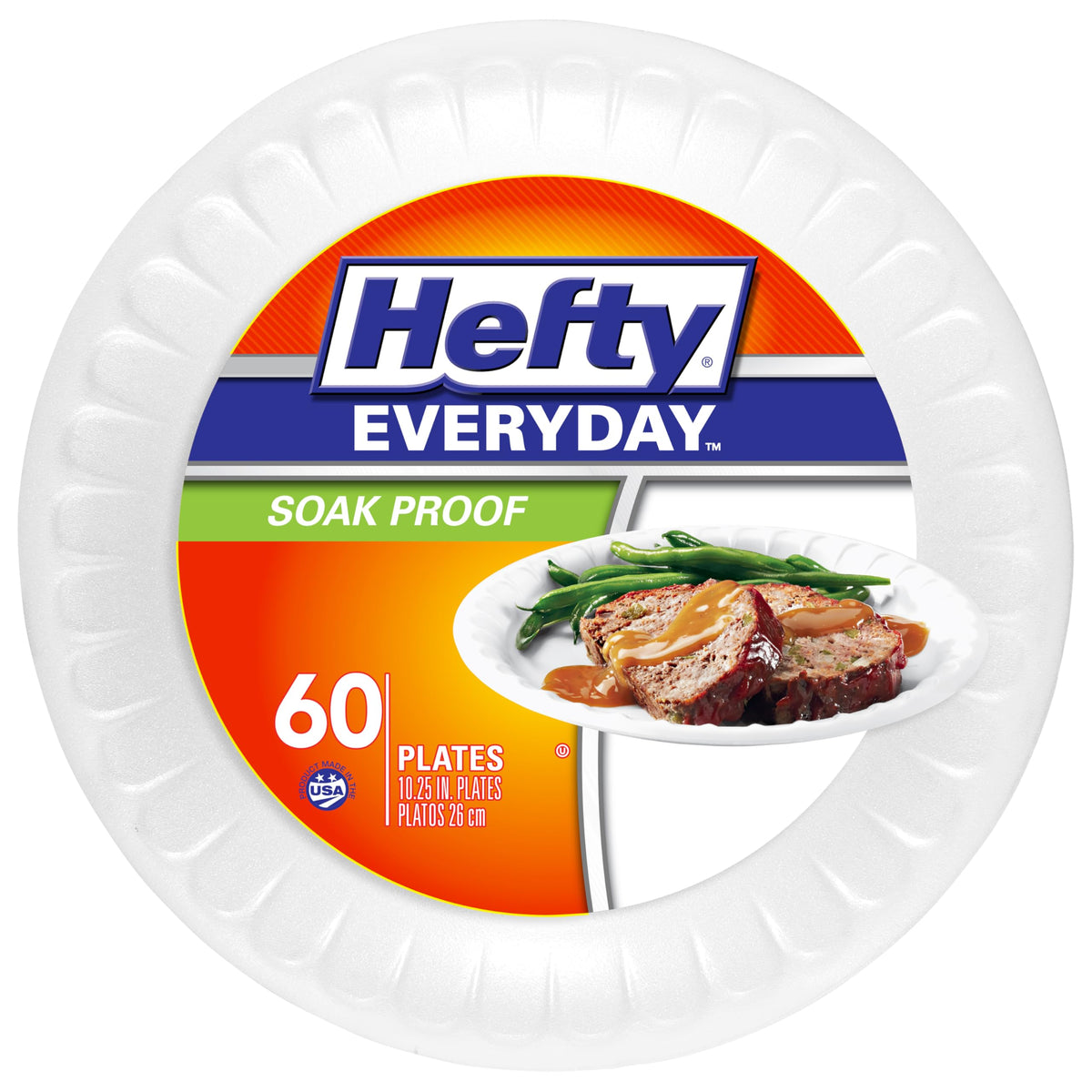 Hefty Everyday Soaf Proof Round Foam Plates, White, 10.25 inches, 60ct | Large Disposable White Plates for Dinners, Pastas, and More, Great for Everyday Use, Easy Cleanup, Soak Proof