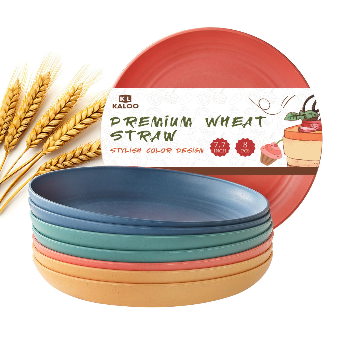 8 PCS Wheat Straw Plates, Kaloo 7.7 Inch Melamine Reusable Plastic Unbreakable Dinner Plates for kitchen, Dishwasher & Microwave Safe (4 colors)
