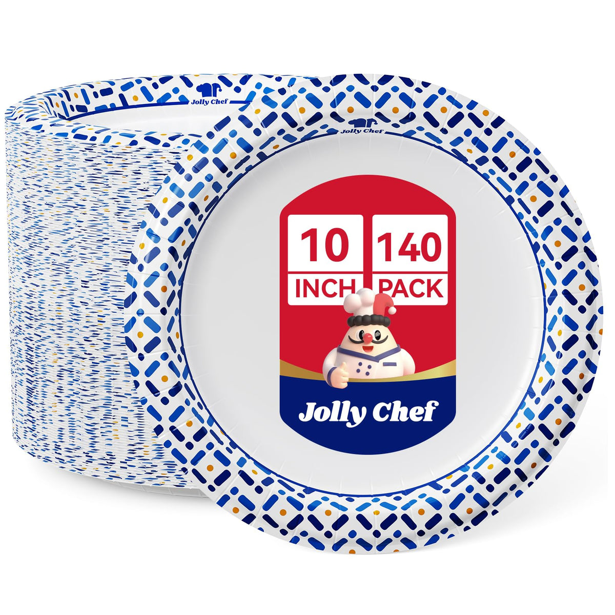 JOLLY CHEF 10 Inch Paper Plates 140 Count, Disposable Heavy Duty | Disposable Paper Plates Soak-Proof, Cut Proof, Round, Bulk Plates for Picnic, Family Gatherings, Parties