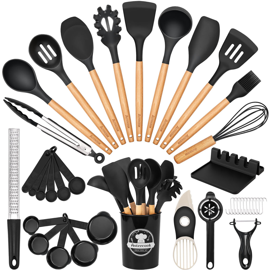 Astercook 39 PCS Kitchen Utensils Set, Silicone Cooking Utensil Sets with Wooden Handle, 446°F Heat Resistant Food Grade Spatula Set, BPA Free Kitchen Gadgets Tools Set & Spoons for Nonstick Cookware