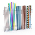 Upgraded 9.5'' Large Acrylic Straw Holder for Cabinet Door, Adjustable Space-Saving Straw Organizer Storage Dispenser for Cabinet with Ultra Sticky Adhesive Strips, 2-Part Rack, Drainage Holes