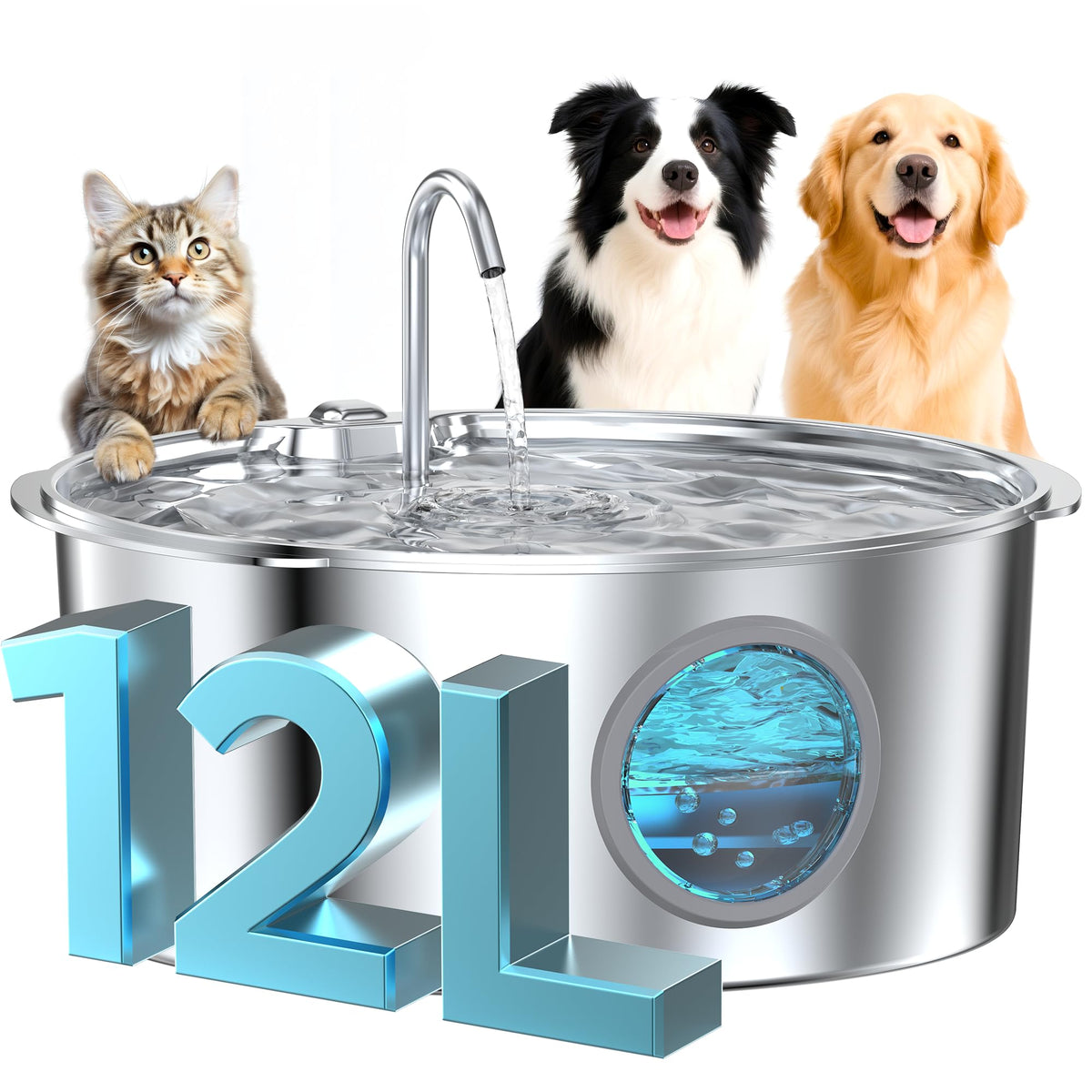 Dog Water Fountain for Large Dogs: Stainless Steel Dog Fountain Water Bowl | 3.2Gal/406oz/12L Super Quiet Big Cat Water Fountain with Visual Water Level -Great for Large Dogs Cats and Multi-Pet Home