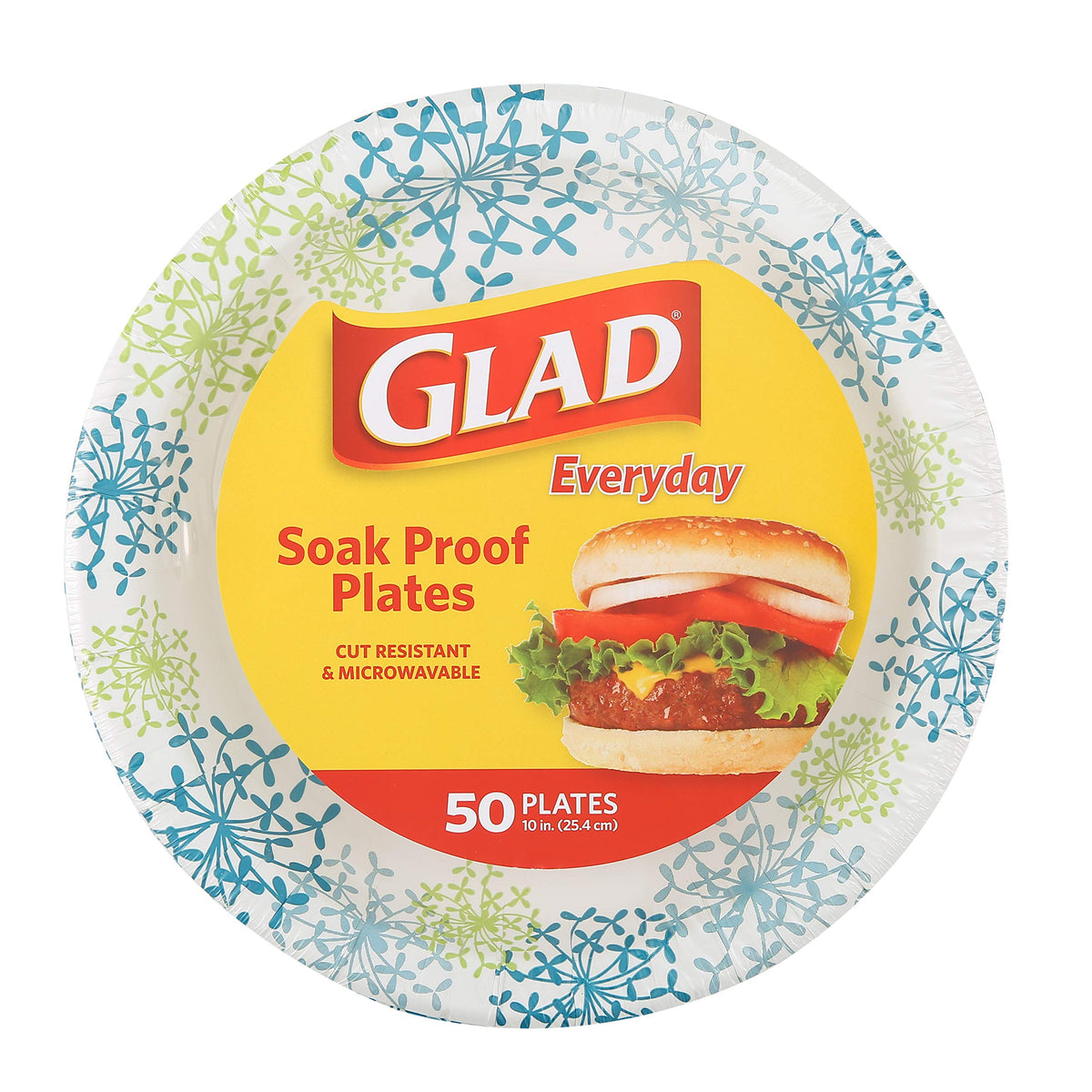 Glad Round Disposable Paper Plates, Blue Hydrangea Print, 10 Inch, 50 Count | Heavy-duty, soak-proof, cut-resistant plates for everyday meals, parties, picnics, and casual daily entertaining