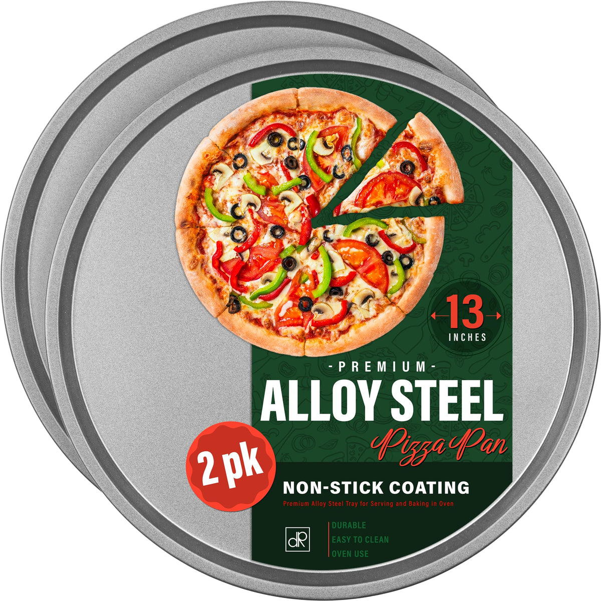 DecorRack 13 Inch Alloy Steel Pizza Pan, Non-Stick Coating, Serving Tray, Round Baking Tray for Oven Use (2 Pack)
