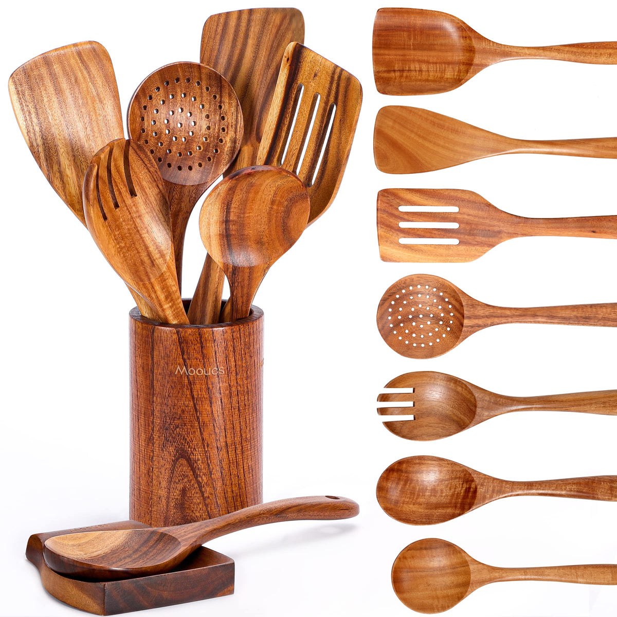 Mooues Wooden Kitchen Utensil Set, 9 Piece Natural Teak with Spoon Rest | Wooden Cooking Utensils with Comfort Grip, Smooth Durable Heat Resistant Cooking Spoons and Utensils Holder for Cooking